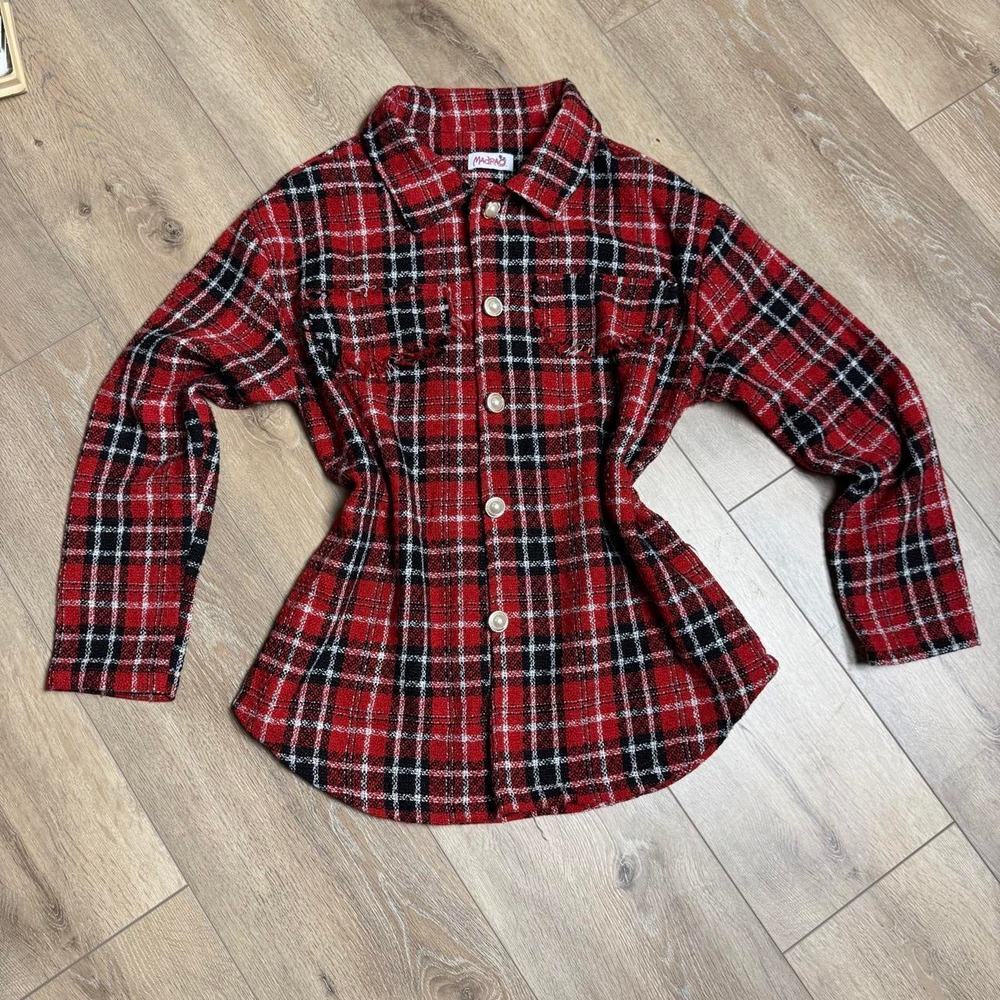 Tartan Plaid Button Front Top Red Holiday Big Buttons